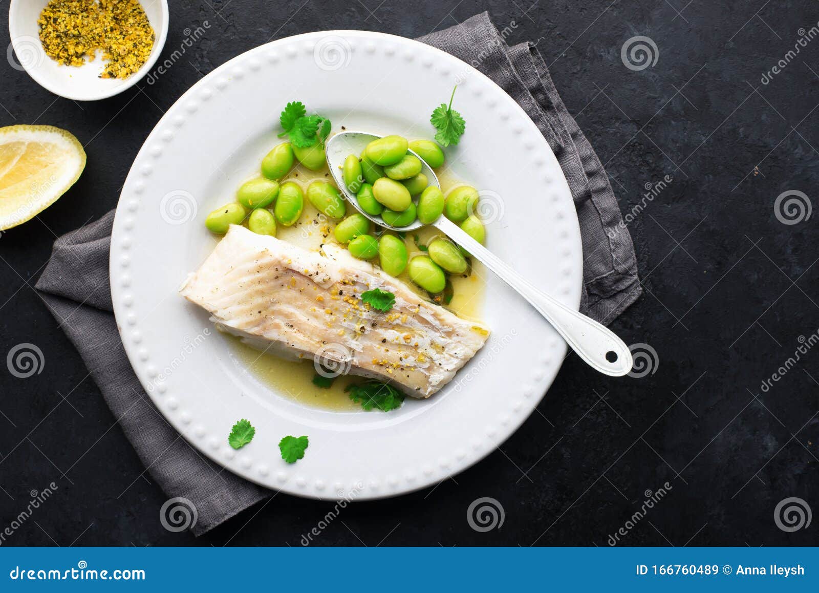 Fishplate. Sea White Cod Fish with a Side Dish of Vegetables and Mushrooms on a Plate. Top View