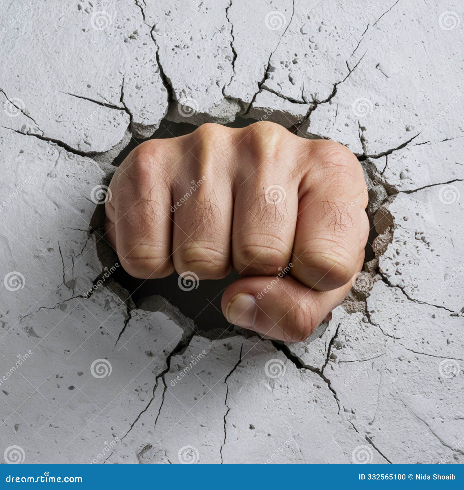fist breaking through a textured white surface, causing cracks.