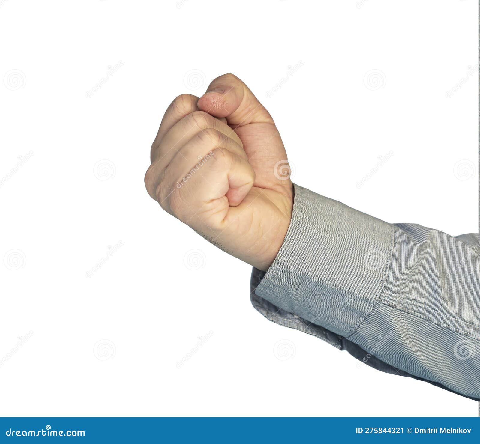 a fist pointing to the side. man hand fist  on white background. fist threat gesture