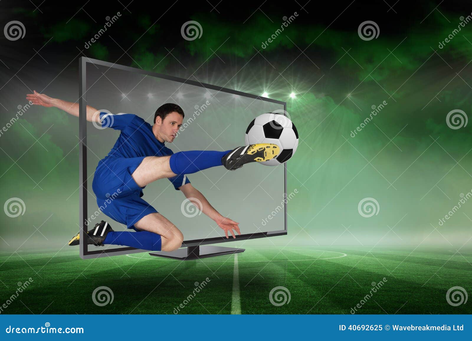 fit football player kicking ball through tv