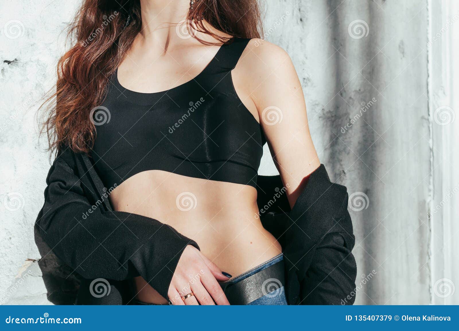 Fit Girl in a Black Jacket and Bra, Fashion Stock Image - Image of poster,  adult: 135407379