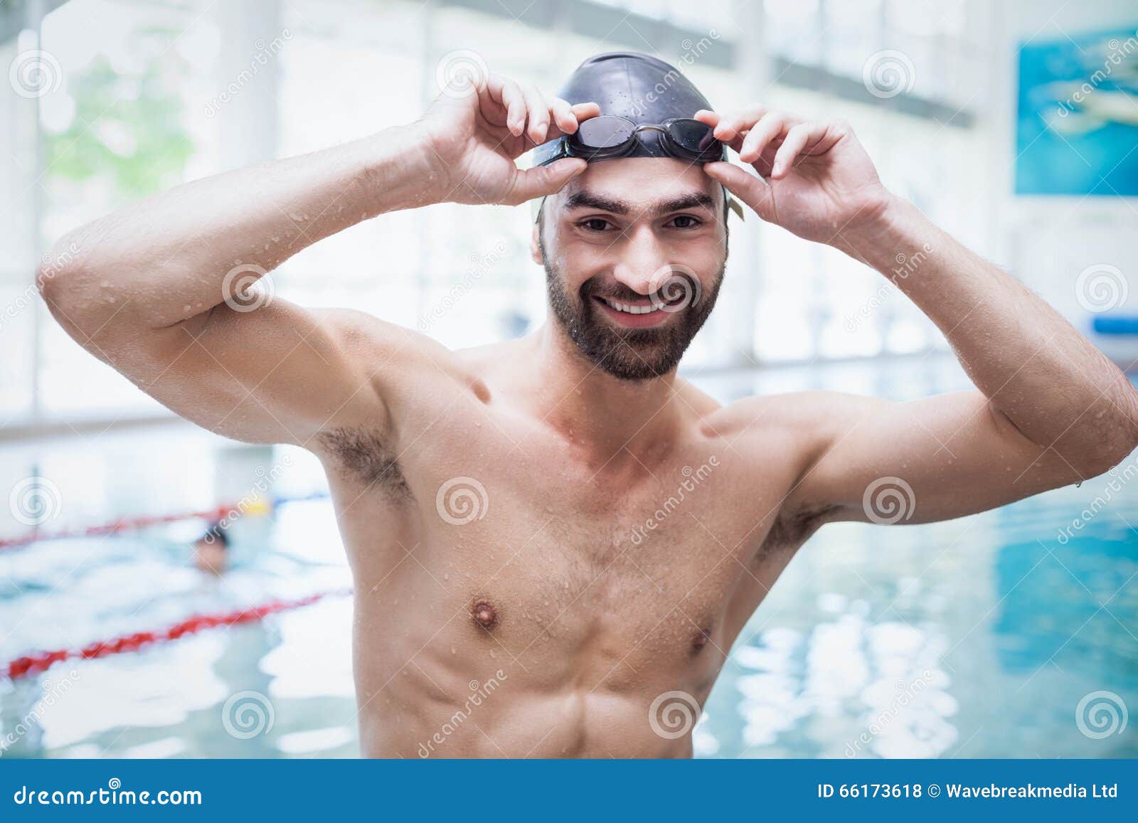 Fit Man Wearing Swim Cap and Goggles Stock Photo Image of healthy