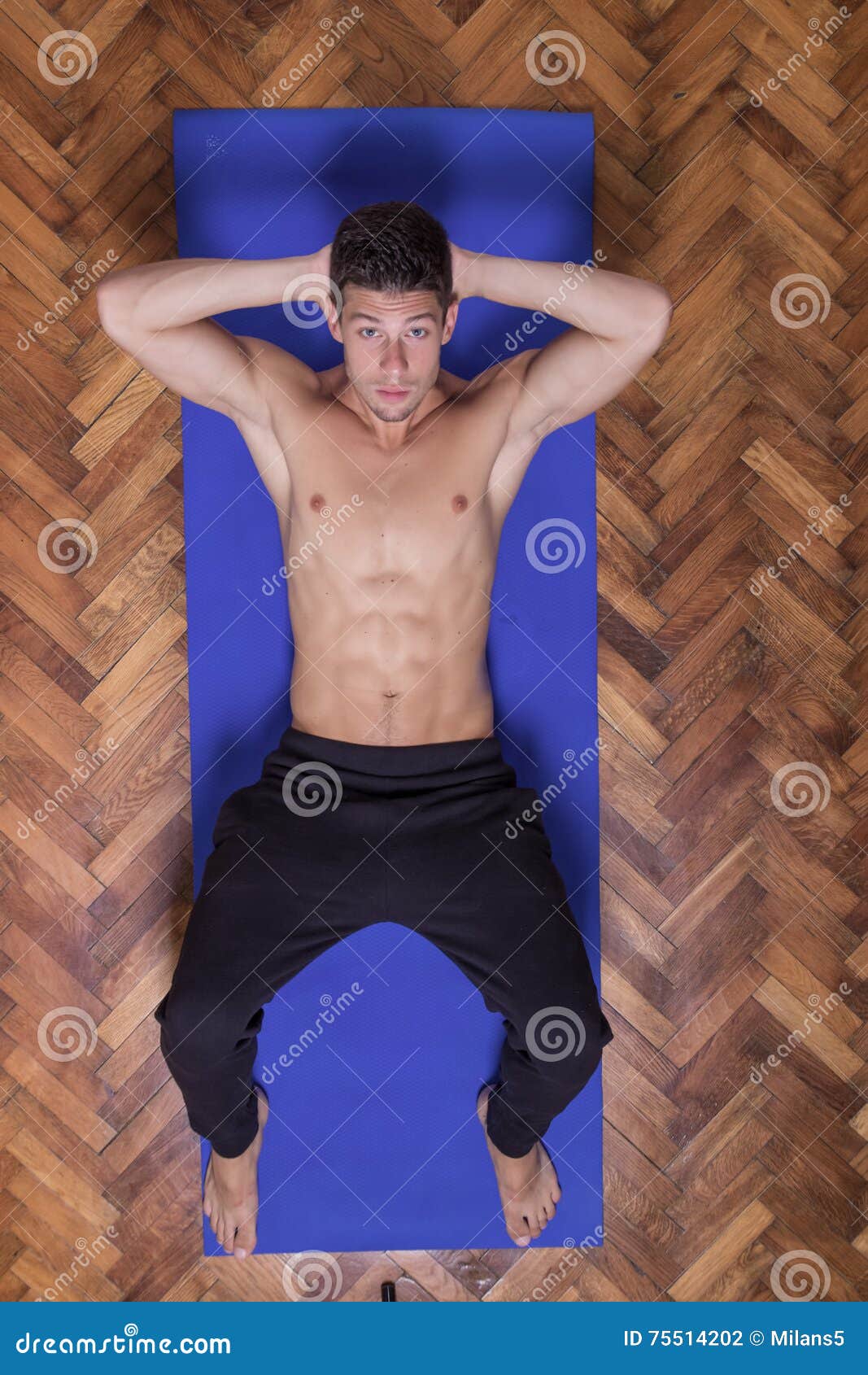 Fit Slim Abs Young Beautiful Man Looking Up Elevated View Exercize
