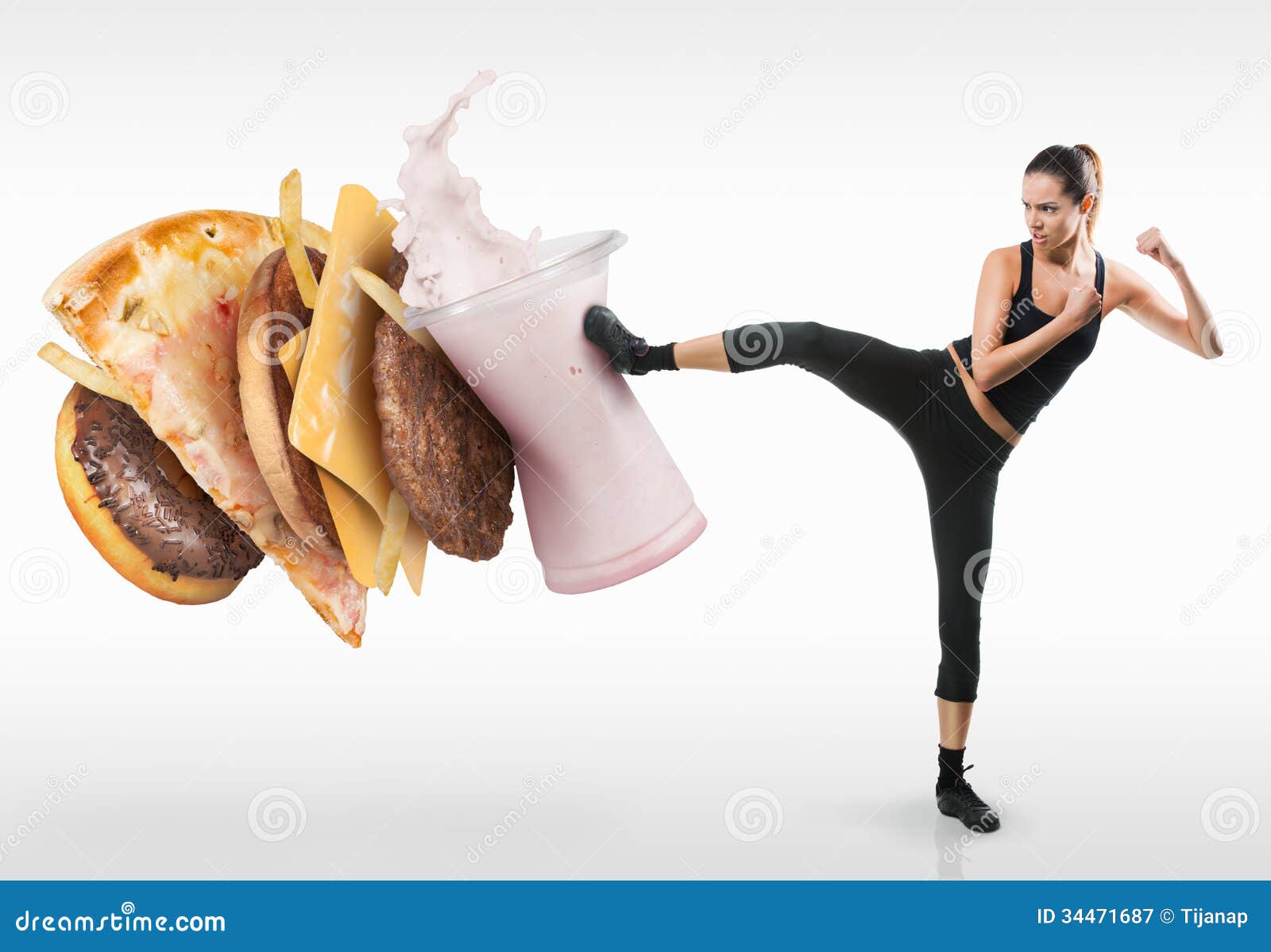 fit young woman fighting off fast food