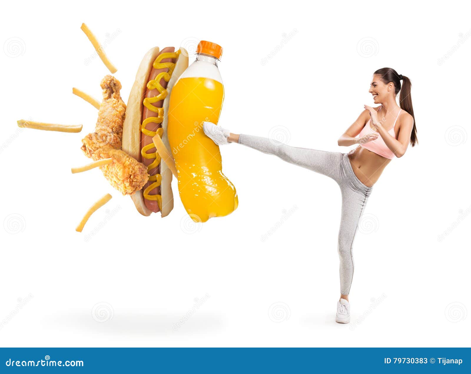 fit young woman fighting off soda and junk food