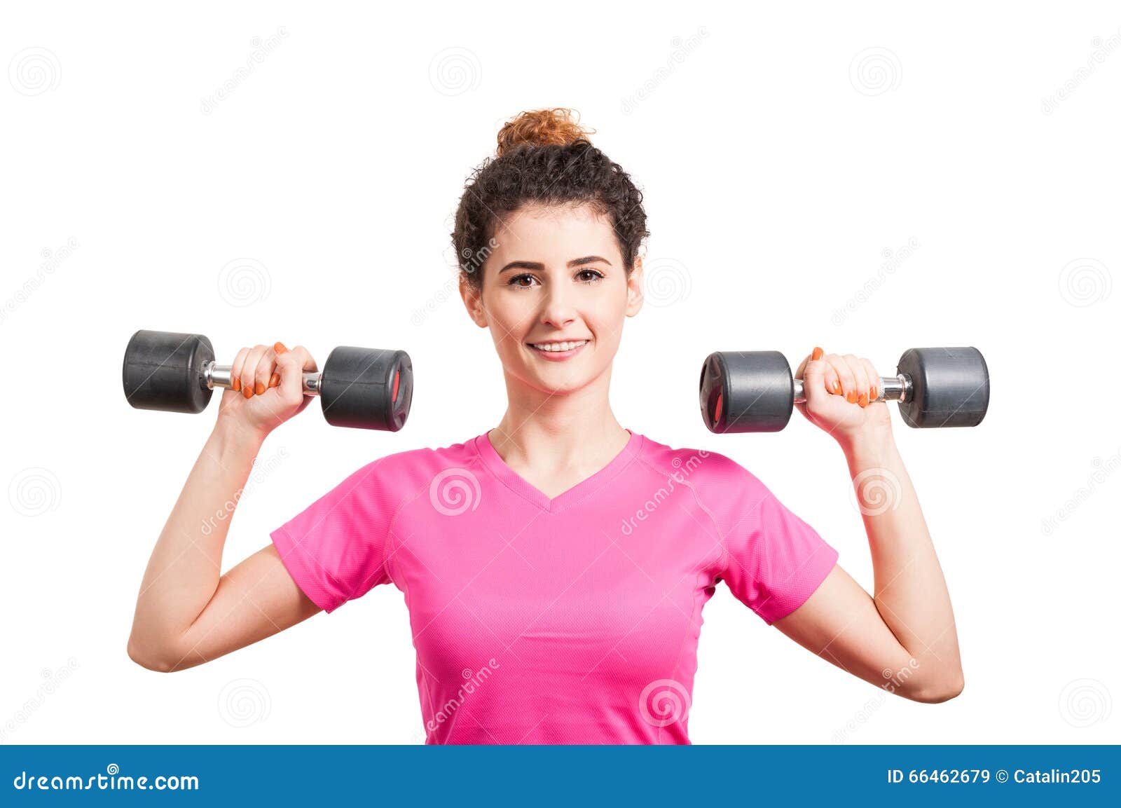 fit young woman training her deltoids with barbells