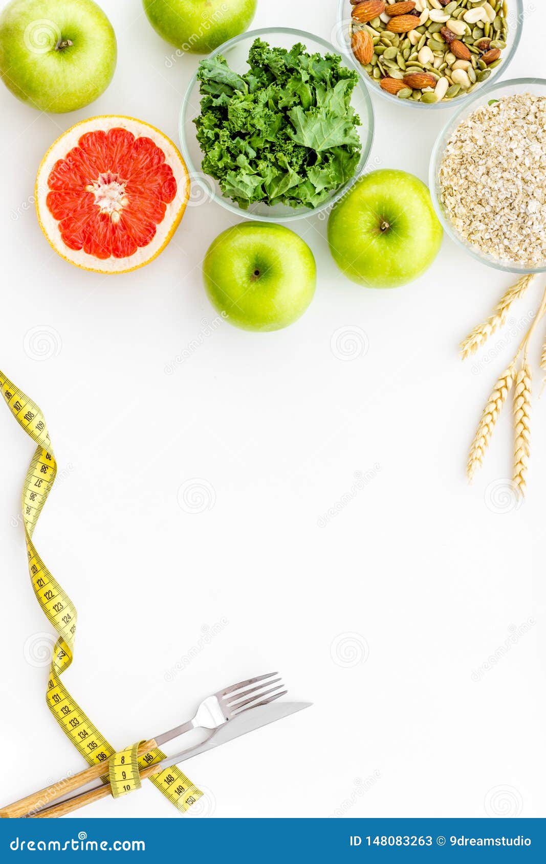 Download Measuring Tape, Apples, Oat Meal And Grapefruit For Loosing Weight On White Background Top View ...