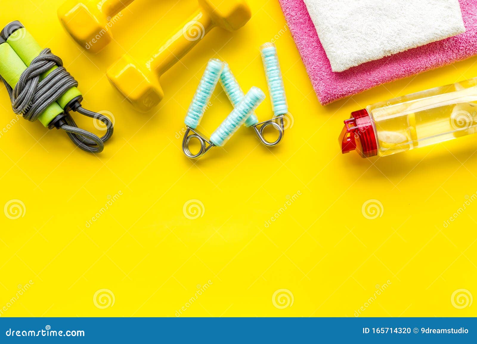 Fitness Background - with Dumbbells, Jump Rope, Water Bottle - on Yellow  Top-down Frame Copy Space Stock Photo - Image of healthy, exercise:  165714320