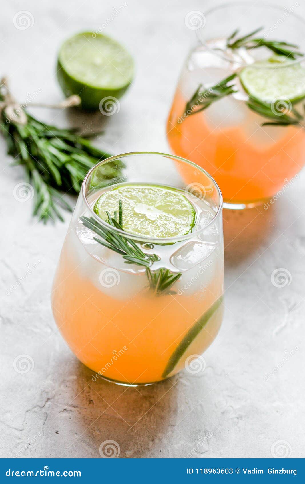 Fitness Cocktail In Glass With Lime And Rosemary On Stone Table Stock ...