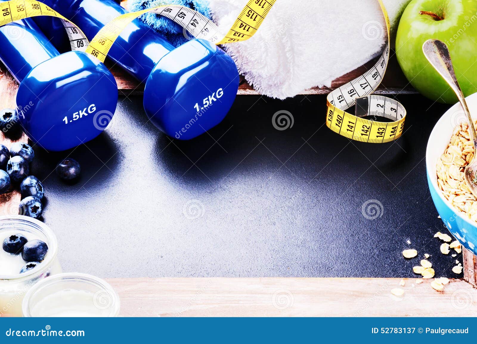 Fitness Concept with Dumbbells and Healthy Food Stock Image - Image of ...