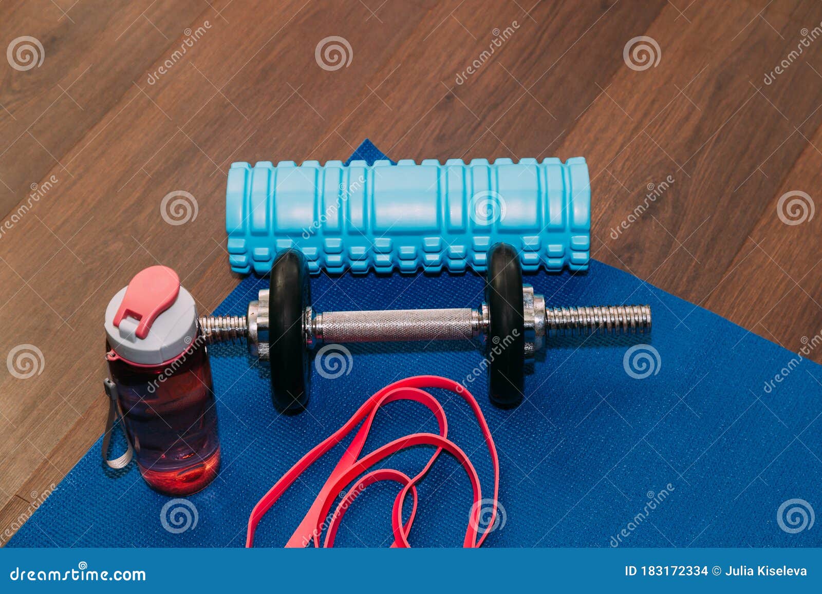 Fitness Concept - Yoga Mat, Dumbbells, Skipping Rope, Water Bottle And Tape Measure Stock Photo ...