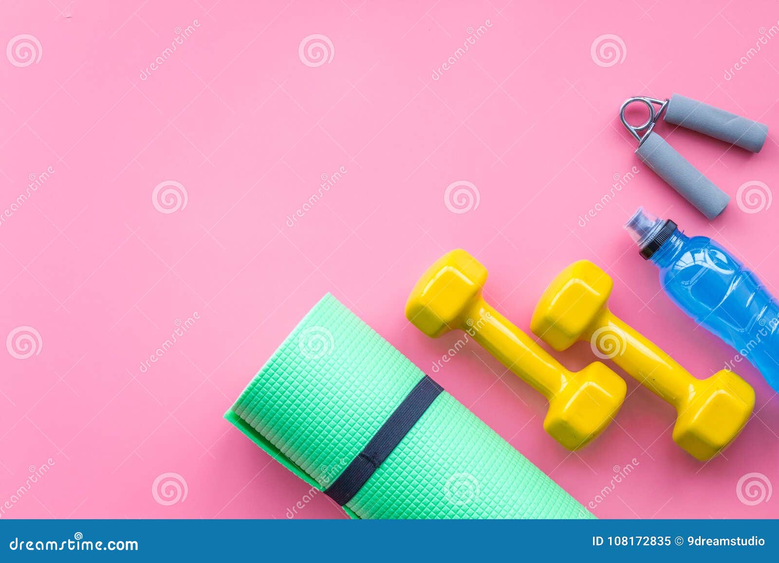 Fitness sports equipment and accessories on pink background, flat