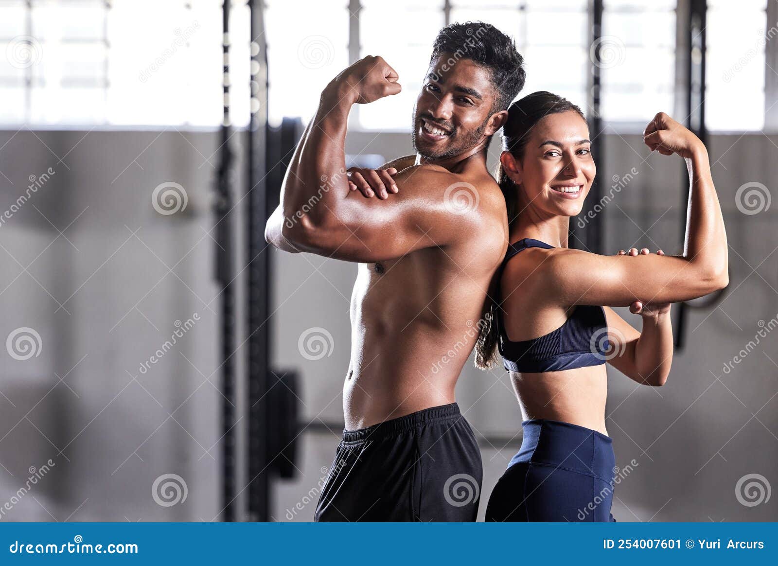 Fitness, Flexing Muscles and Strong Couple Goals while Doing Exercise or  Training in a Gym. Portrait of Fit Sports Stock Image - Image of center,  centre: 254007601