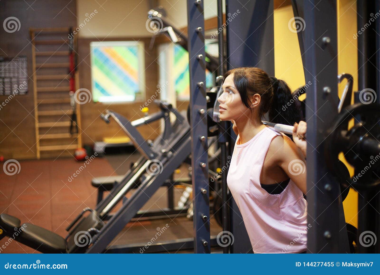 Fitness Girl Athletic Woman Working Out Barbell Gym Beautiful
