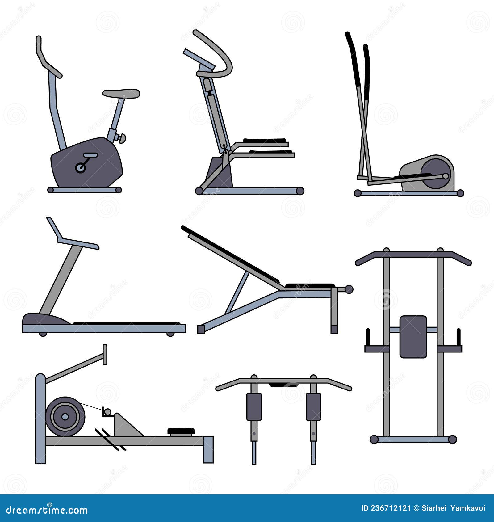 Fitness and Gym Equipment, Exercise Machine. Set of Vector Illustration.  Exercise Bike, Weight and Workout Bench. Stock Vector - Illustration of  rowing, sport: 236712121