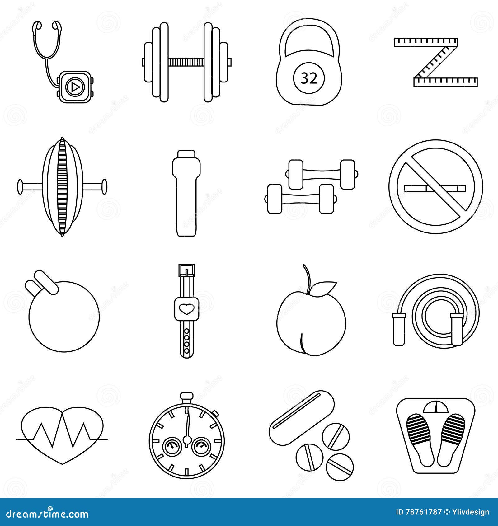 Fitness Icons Set, Outline Style Stock Vector Illustration of equipment, apple 78761787