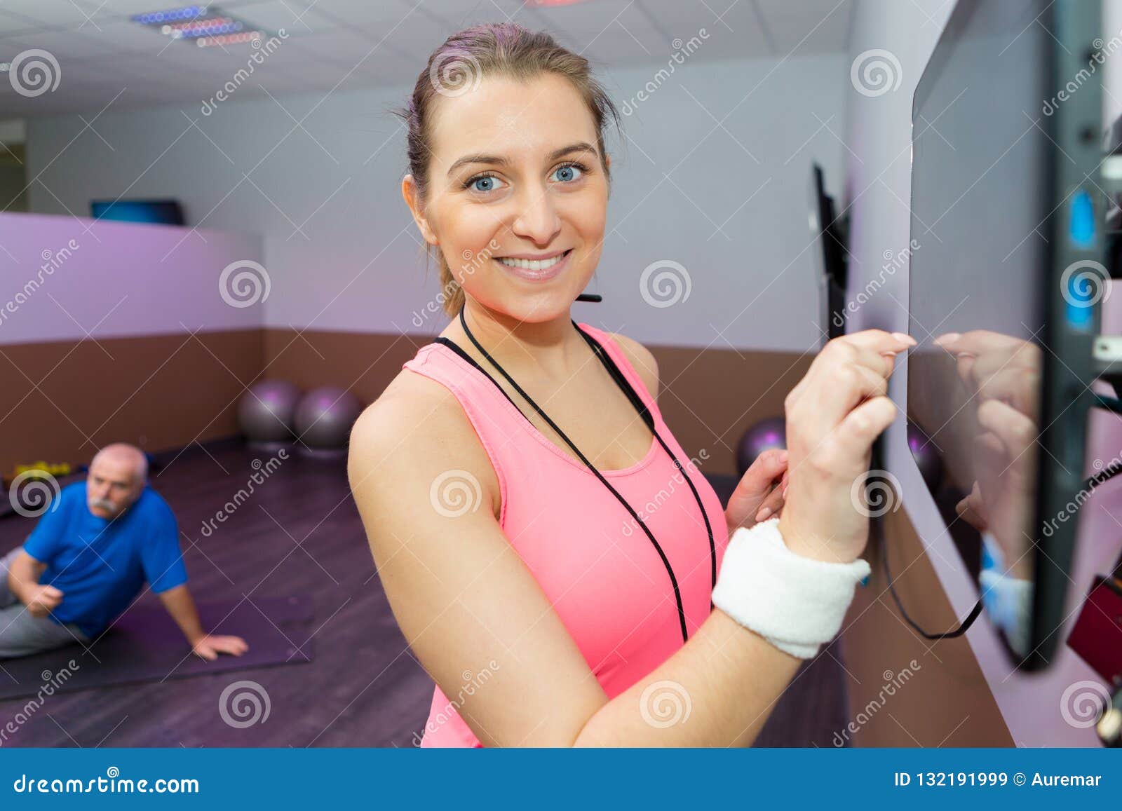 Fitness Instructor Preparing Screen Stock Image Image of senior, show