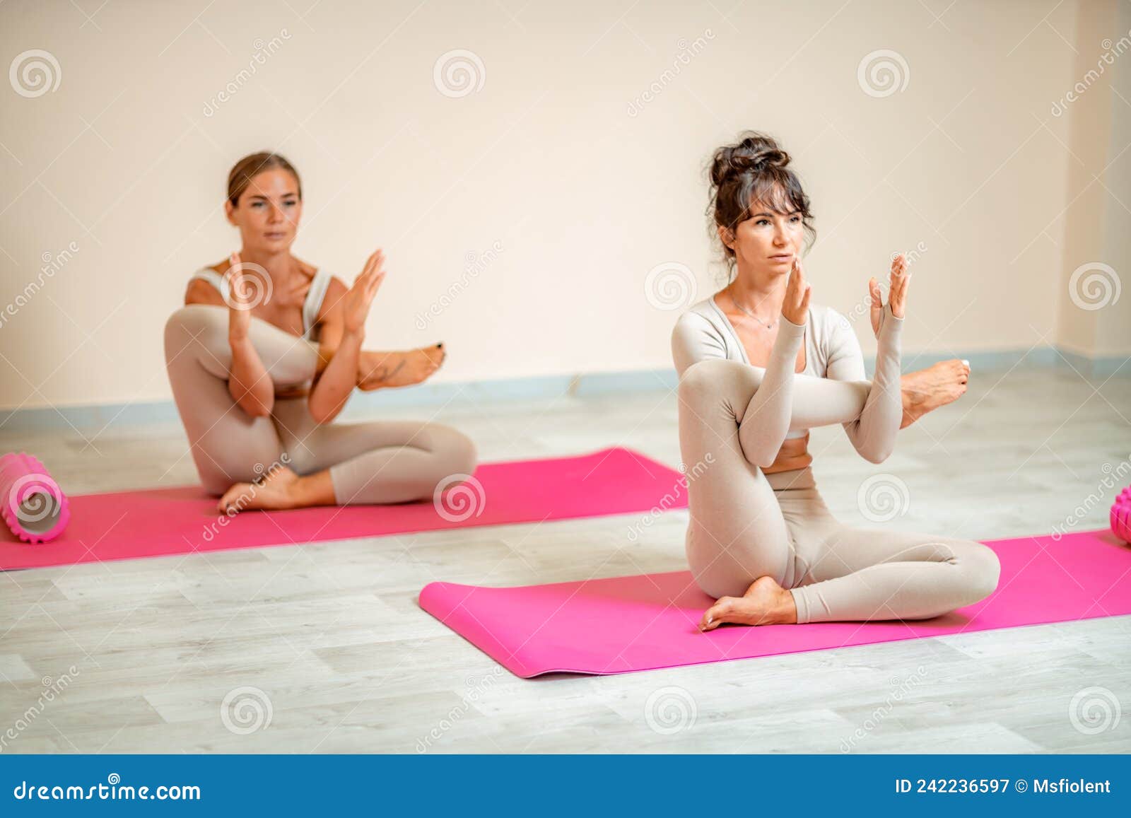 Fitness, Pilates Stretching Exercises, a Group of Two Attractive Smiling  Mature Women in Beige Sports Clothes, Train in Stock Photo - Image of  healthy, flexibility: 259548926