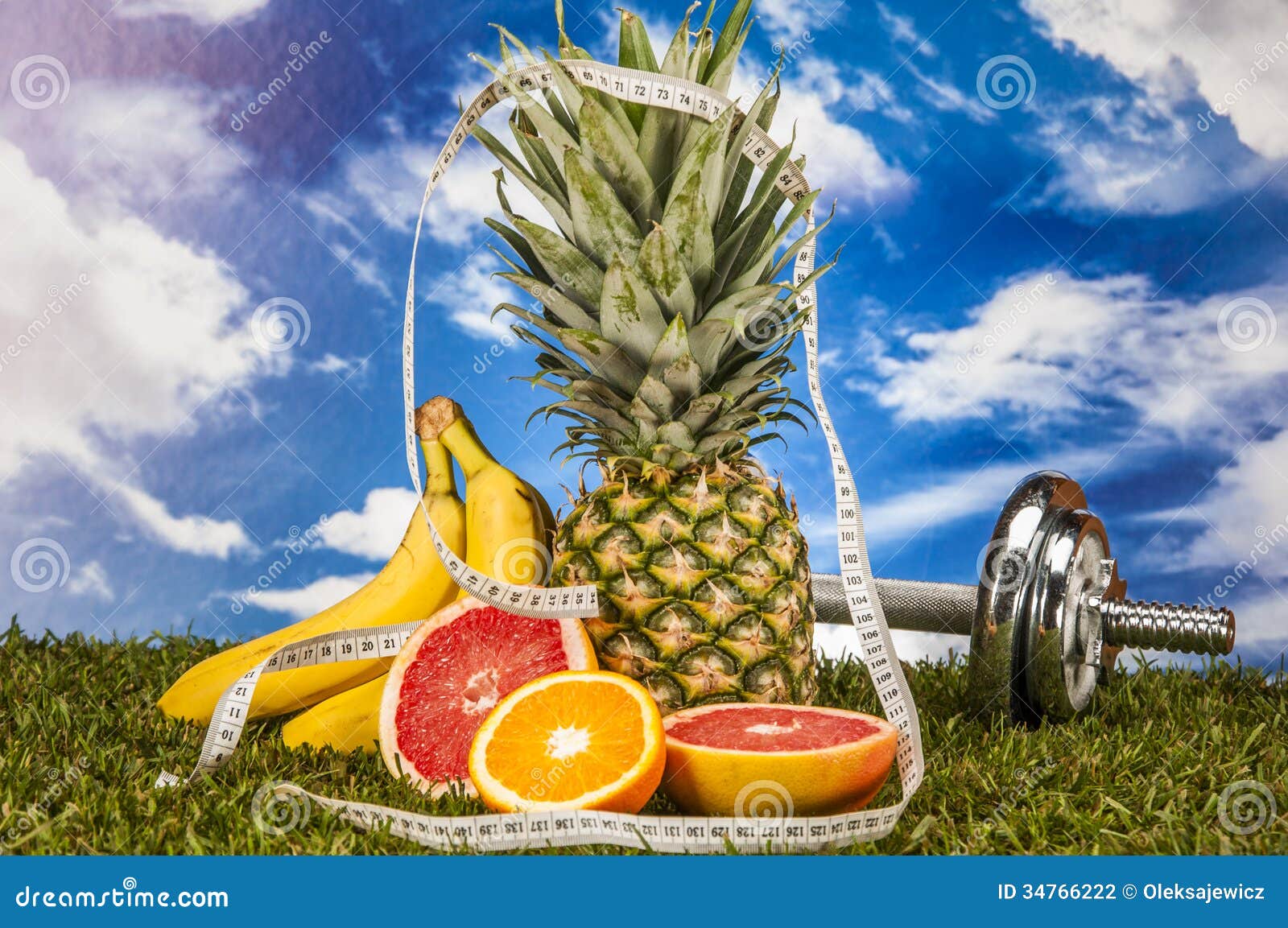 Fitness stuff, green grass. Vivid fitness theme, healthy food