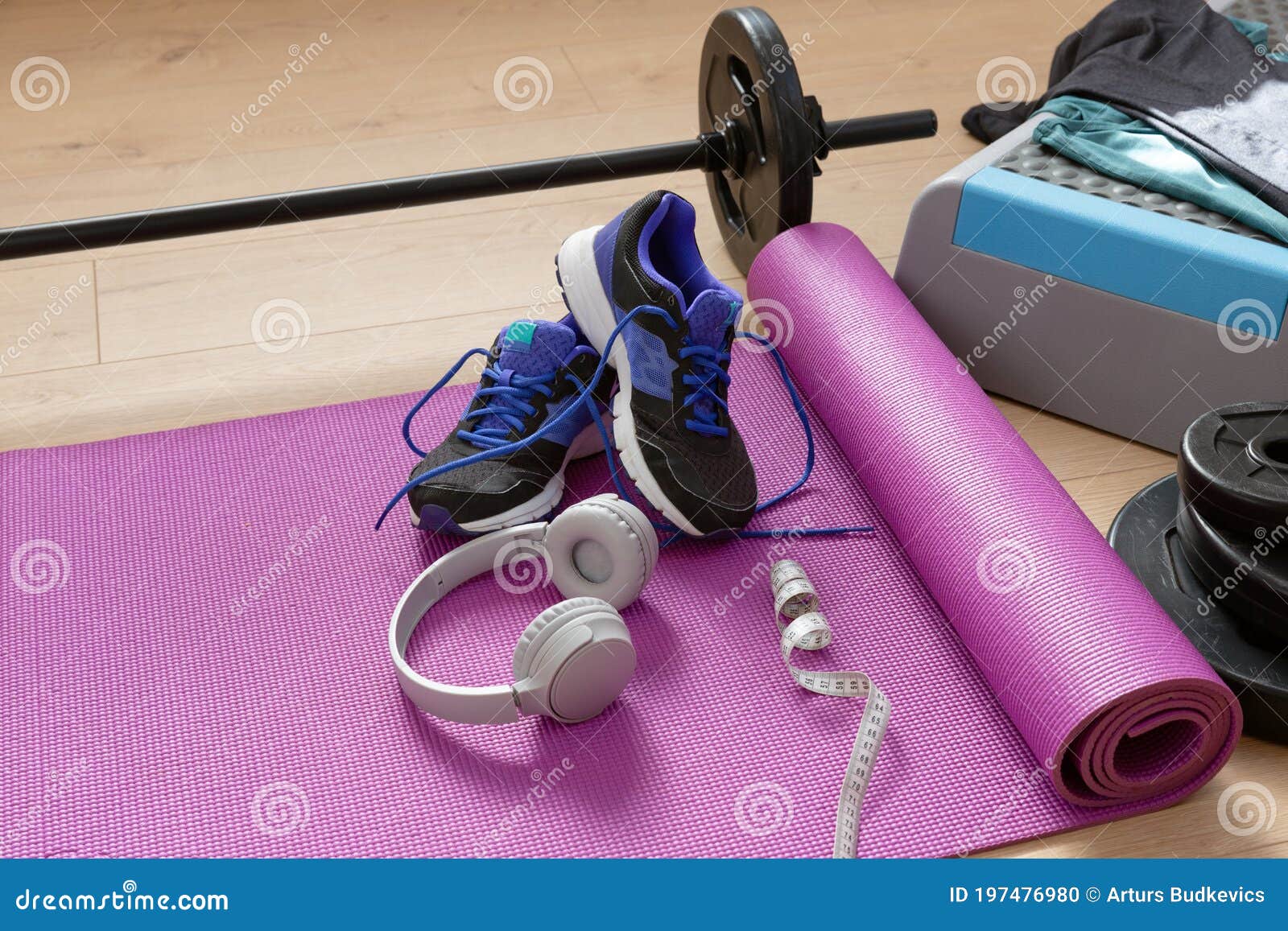 Fitness Tools Dumbbells Yoga Mat and Shoes on a Wooden Floor. Healthy ...