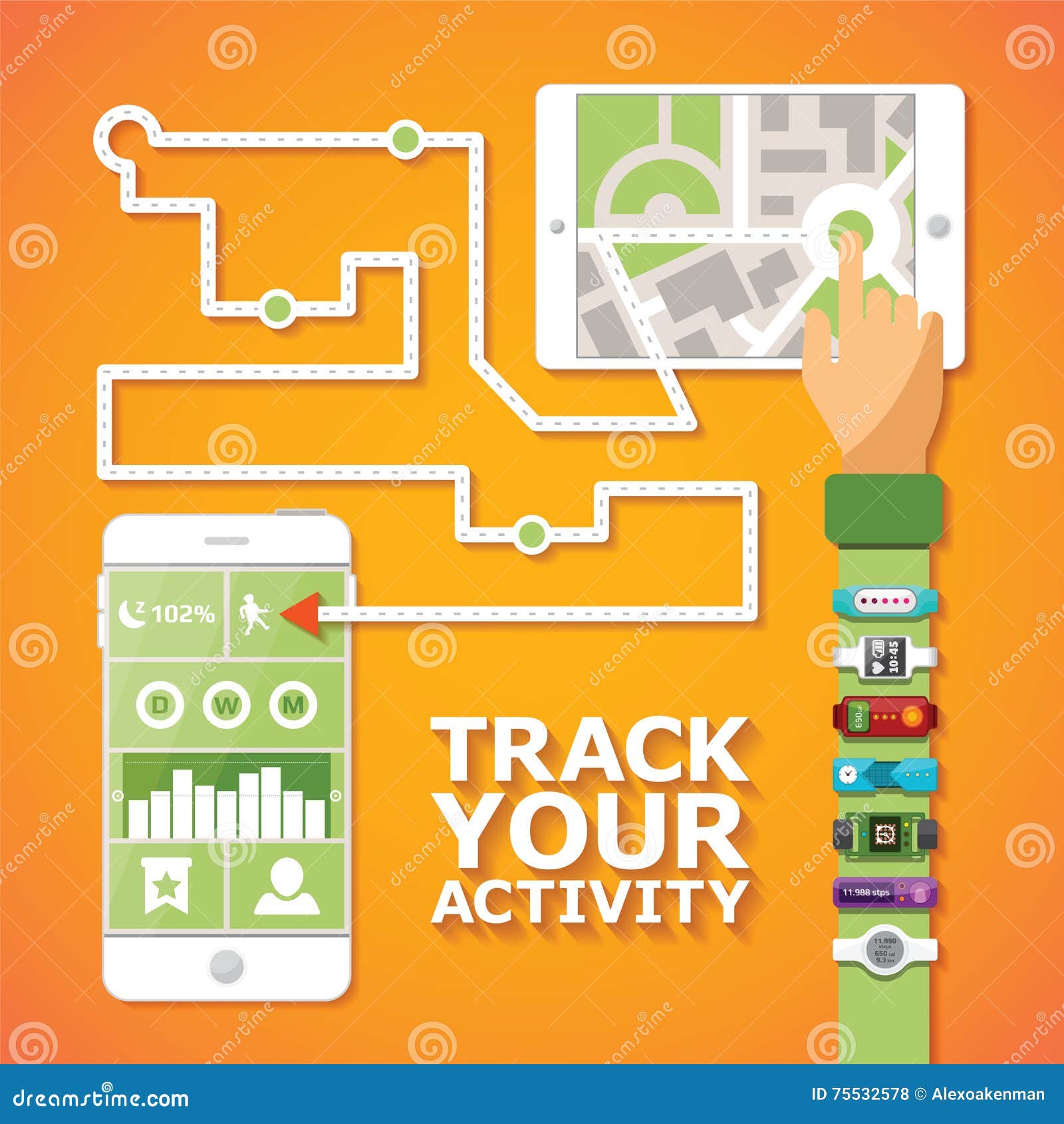 Fitness Tracking Bracelet and App Vector Concept in Flat Style Stock