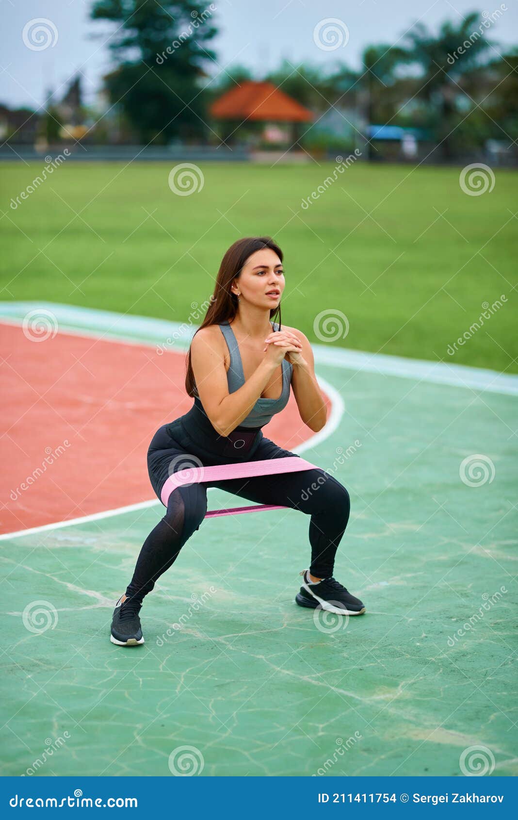 Fitness Woman with Resistance Band and Sweat Belt, Outdoors Stock Photo -  Image of adult, girl: 211411754