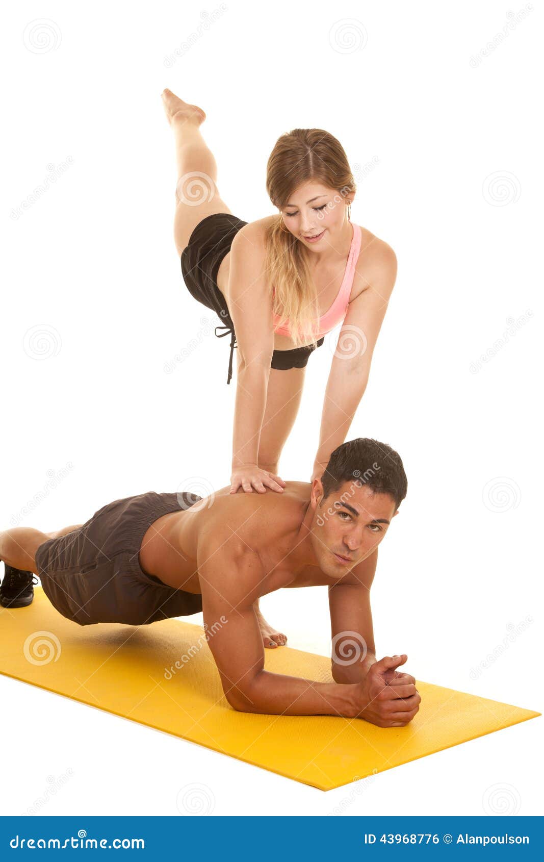 Fitness Woman Kick Up Leg By Man In Plank Look Down Stock Photo Image Of People Activity