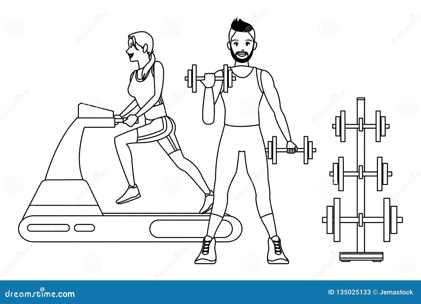 Fitness People Cartoon in Black and White Stock Vector - Illustration