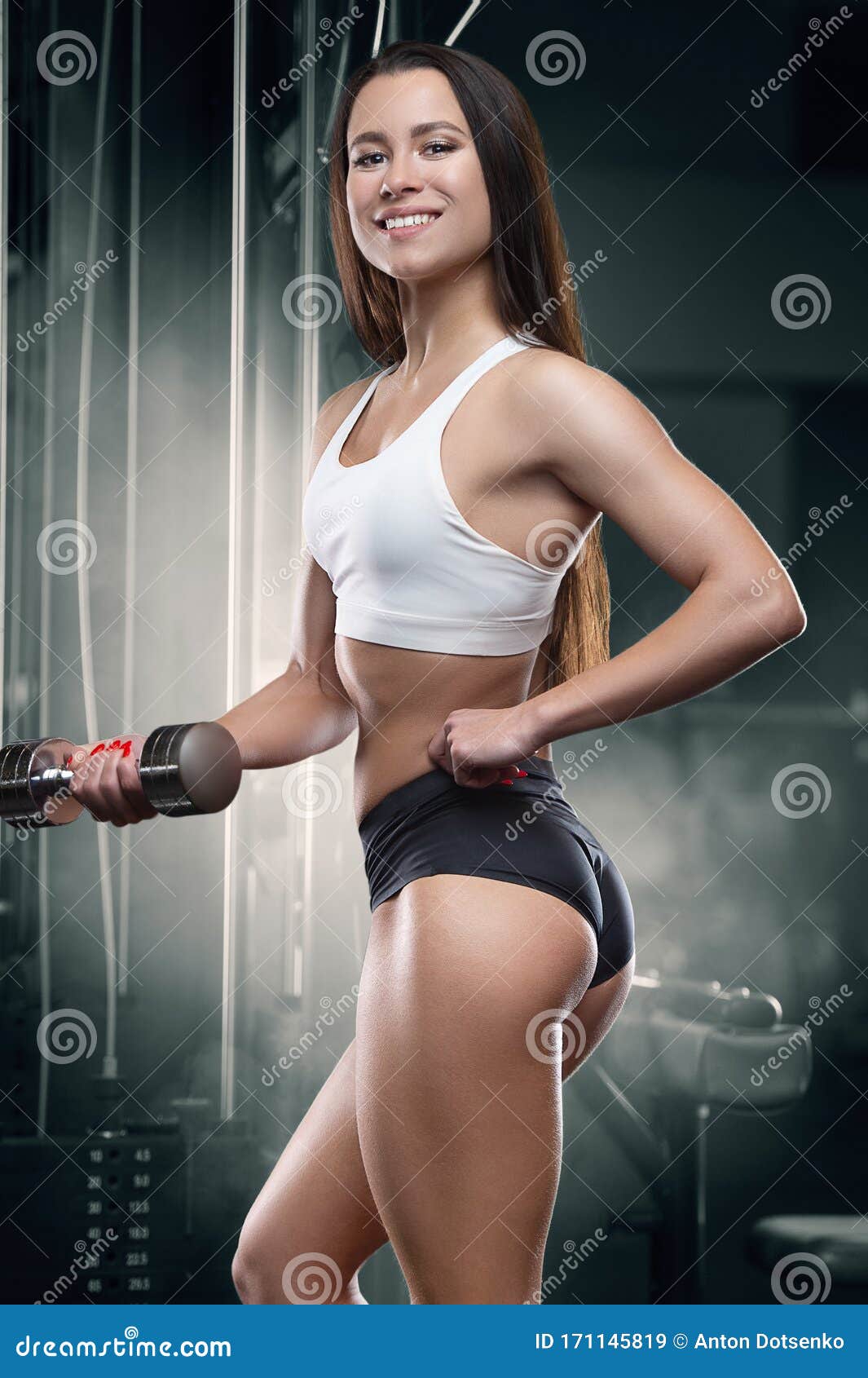 Fitness Woman Pumping Up Muscles Biceps And Triceps Workout Fitness And  Bodybuilding Concept. Pretty Caucasian Girl In The Gym Background Arms  Exercises In Gym Naked Torso Stock Photo, Picture and Royalty Free