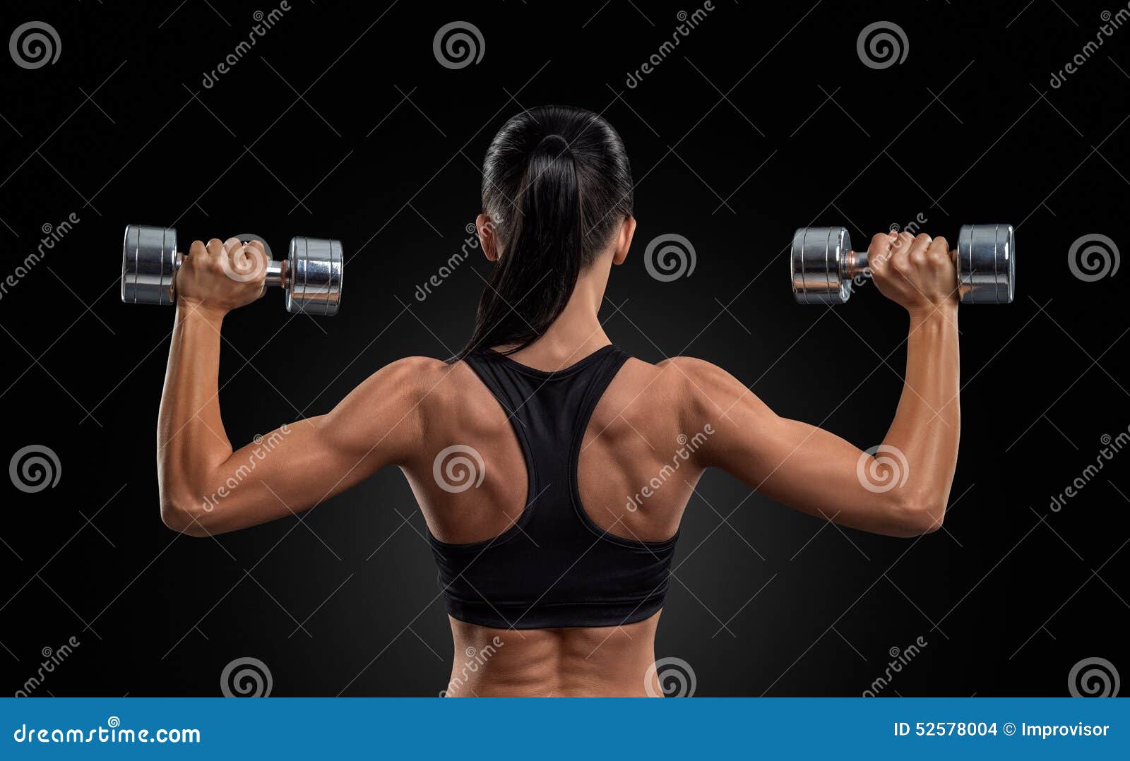 fitness woman in training muscles of the back with dumbbells