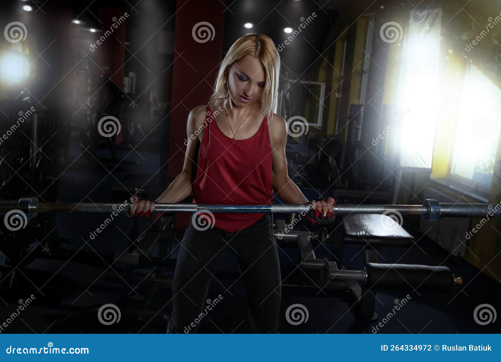 Fitness Woman Working Out Gym Doing Exercise Biceps Athletic Girl