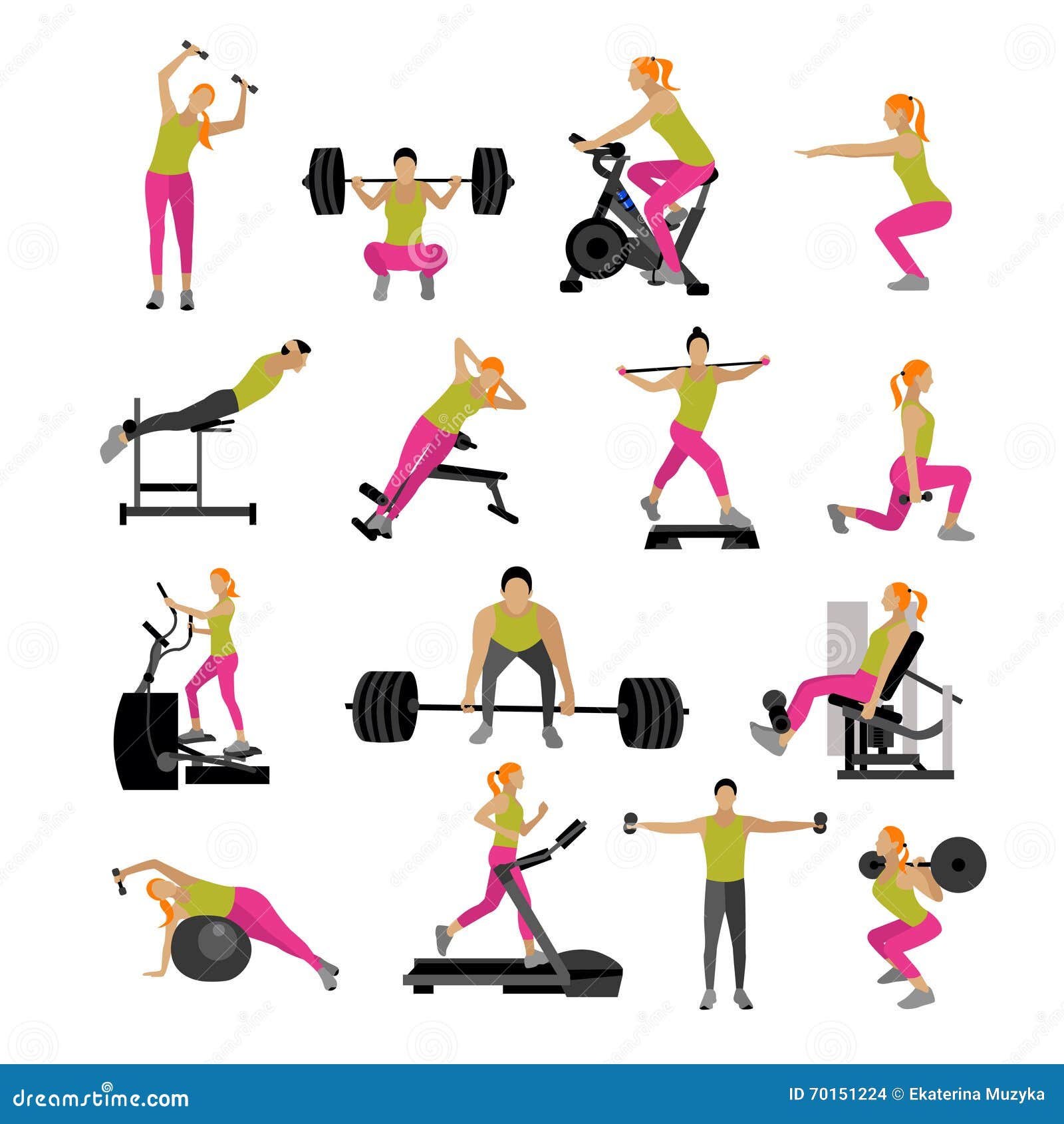 Fitness And Workout Exercise In Vector Set Of Icons Flat Style Isolated On  White Background Stock Vector Illustration Of Female, Pictogram: 70151224