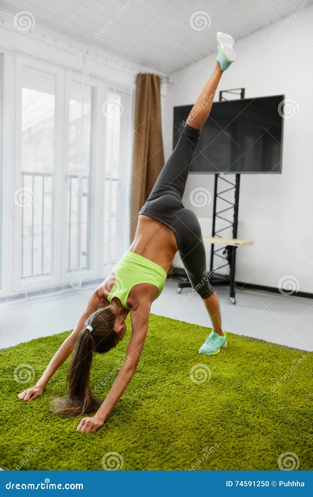 Fitness Workout. Woman Practicing Yoga Exercises Stretching Home Stock  Photo - Image of fitness, model: 74591250