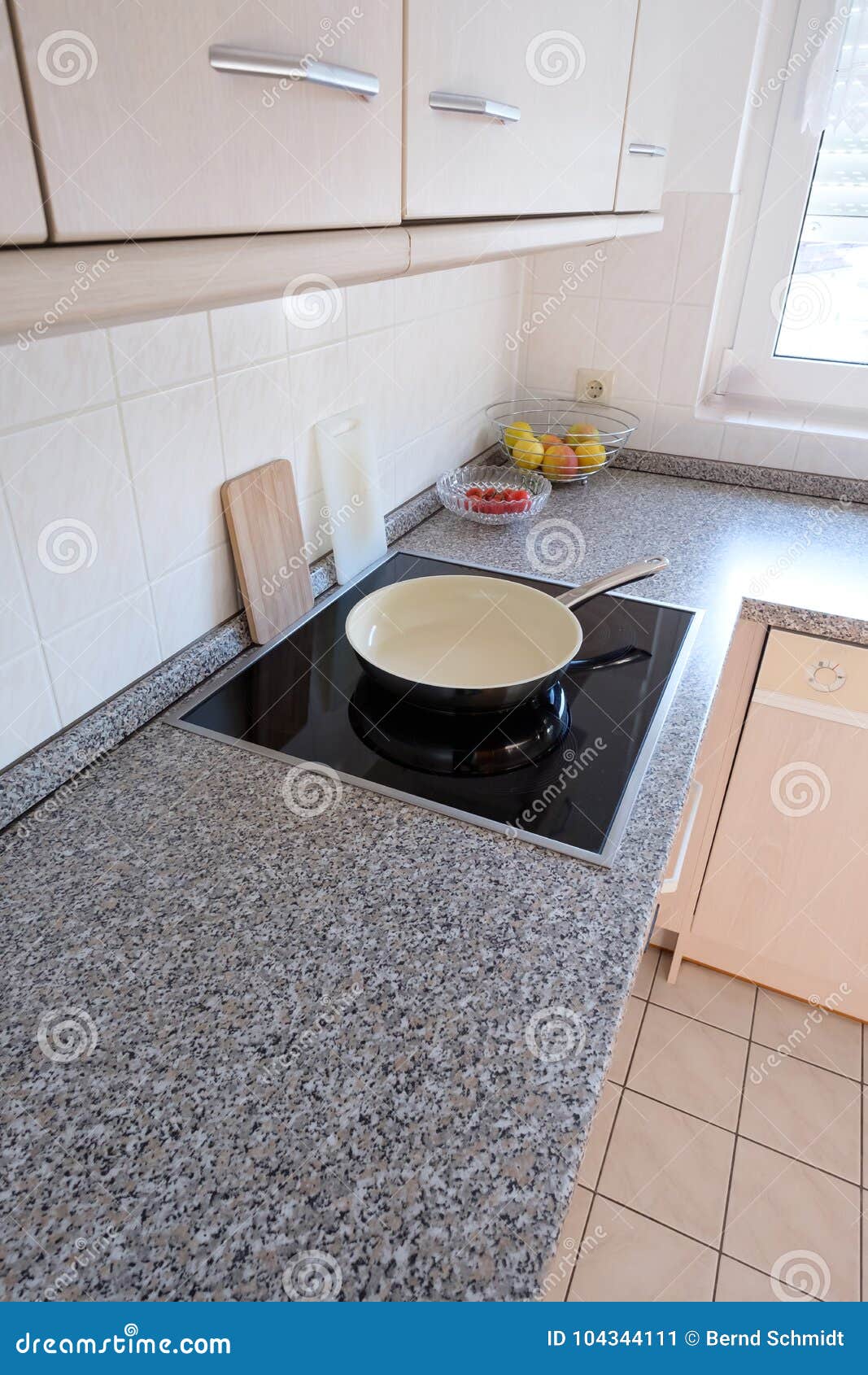 Fitted Kitchen with Ceramic Hob and Frying Pan Stock Image Image of