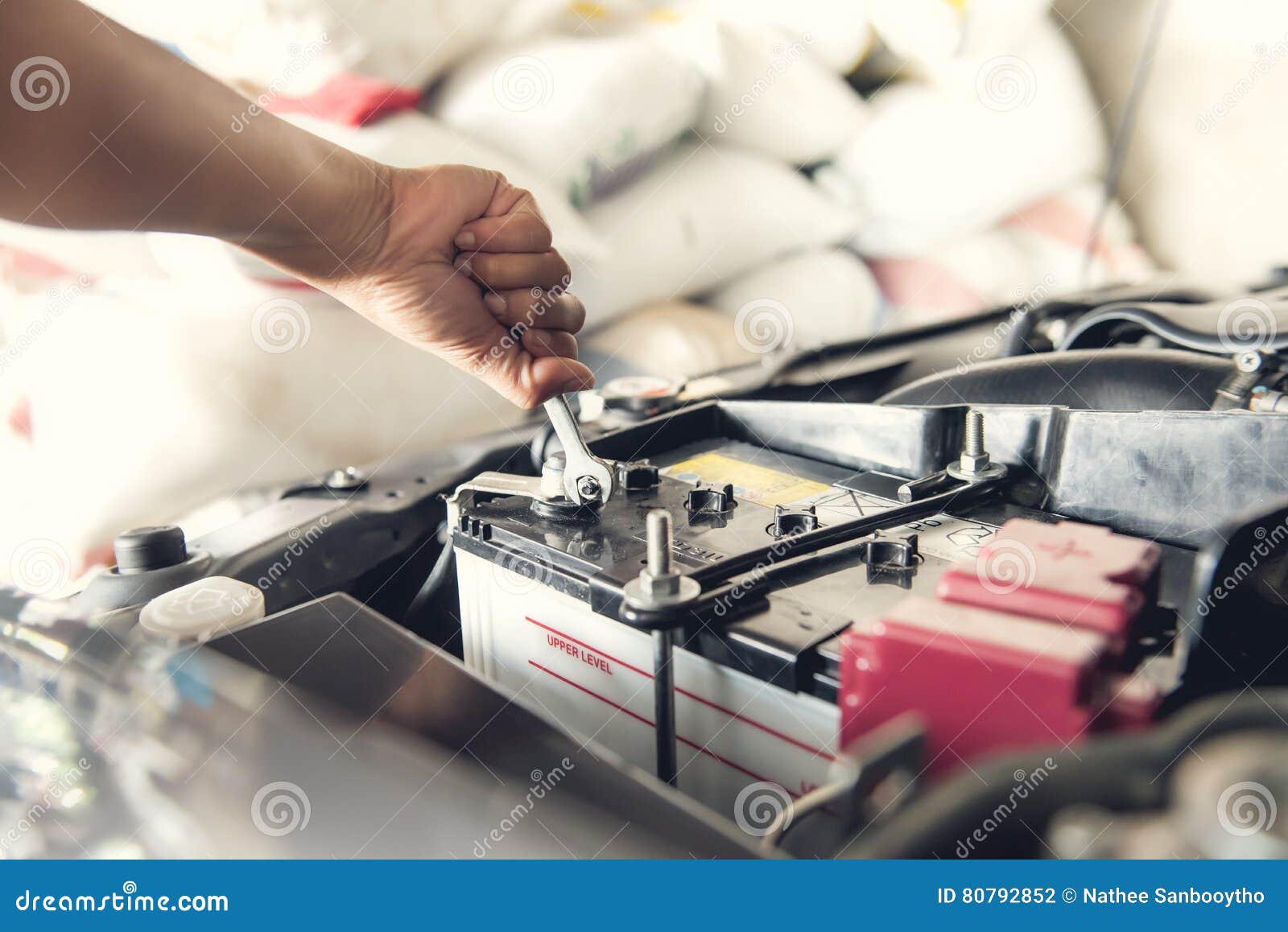 Fitting a Car Battery with Wrench Stock Photo Image of hand, internal