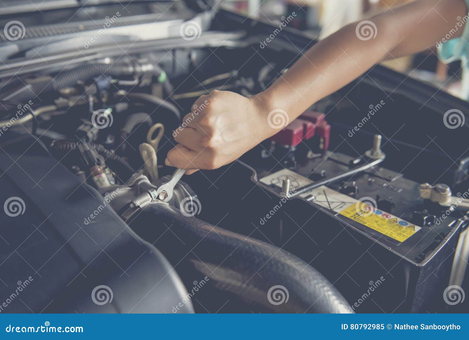 Fitting a Car Battery with Wrench Stock Image Image of garage