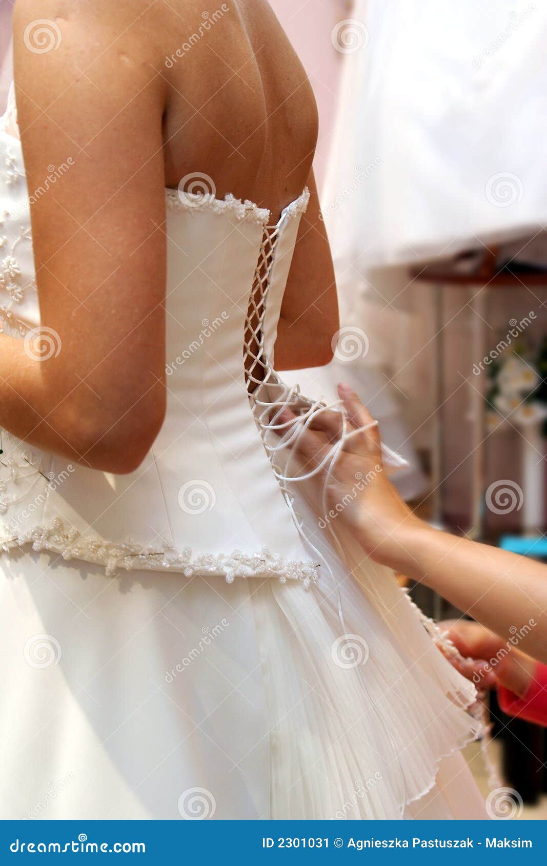 Fitting of wedding dress stock image. Image of gown, corselette 2301031