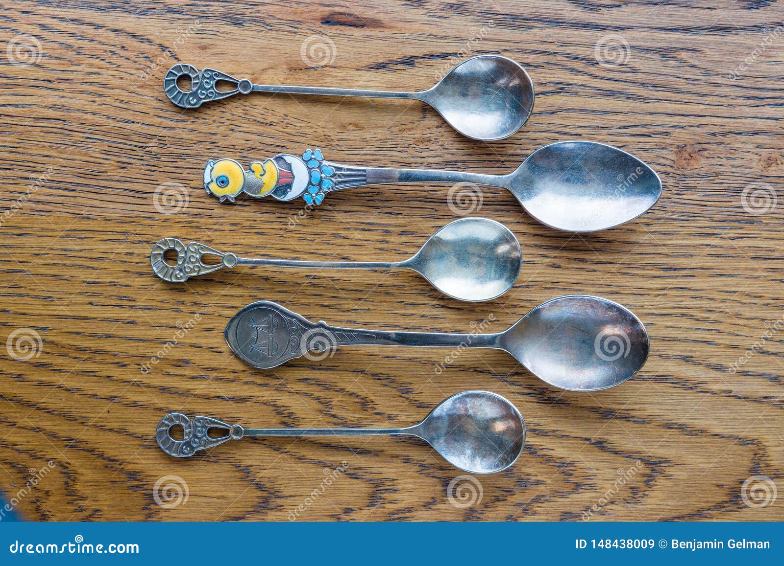 Five Antique, Decorative Spoons on an Oak Table Stock Image Image of isolated, utensil 148438009
