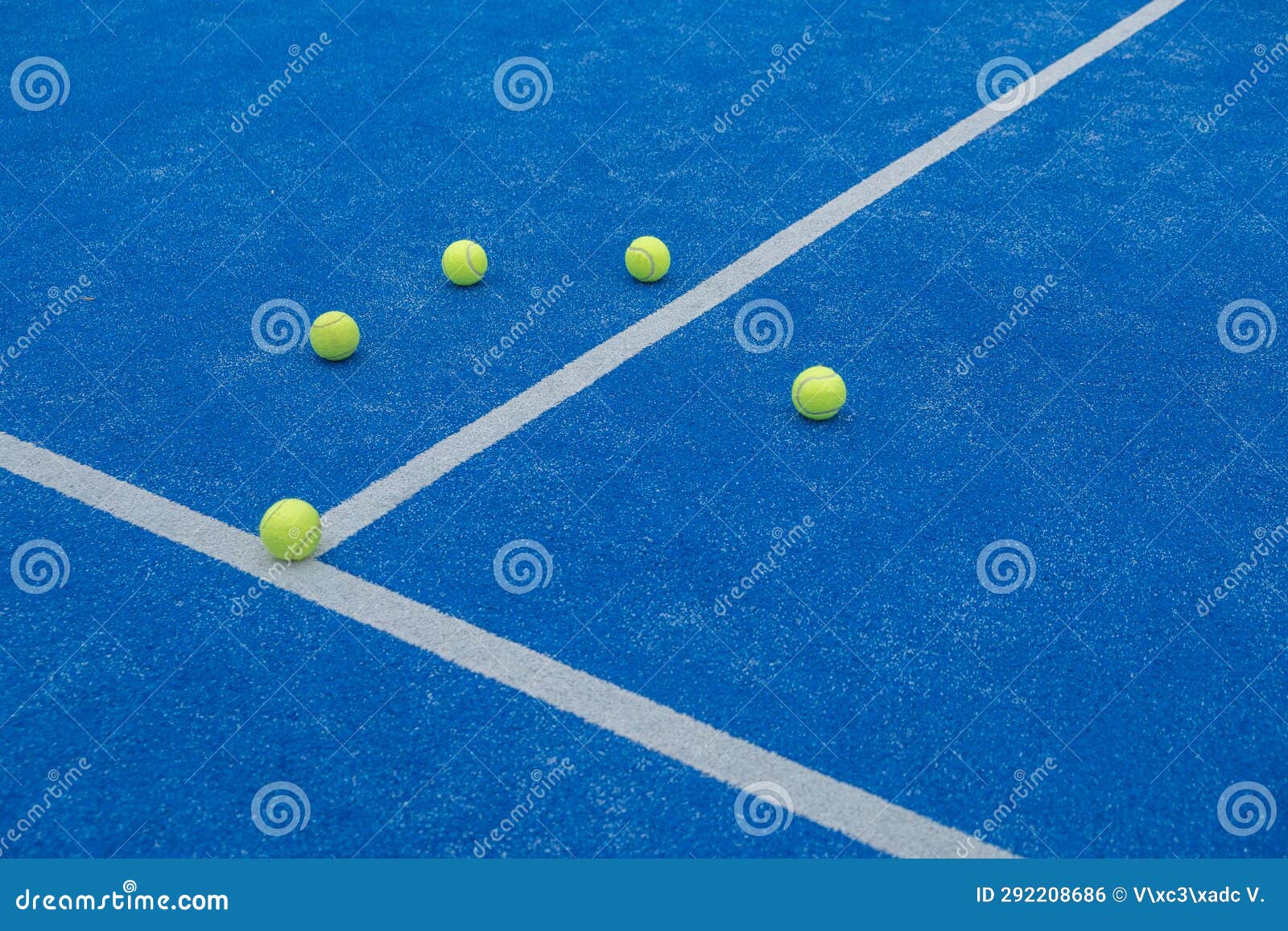Five Balls on a Paddle Tennis Court, Selective Focus Stock Photo