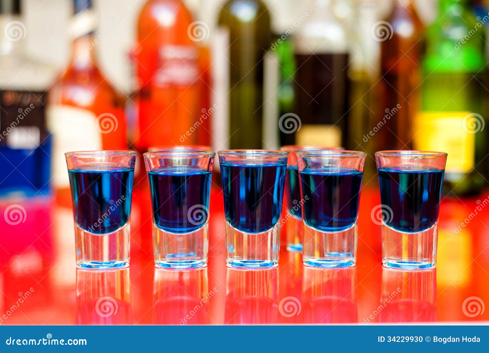 Five Blue Curacao Alcoholic Shots on Bar Stock Photo Image of