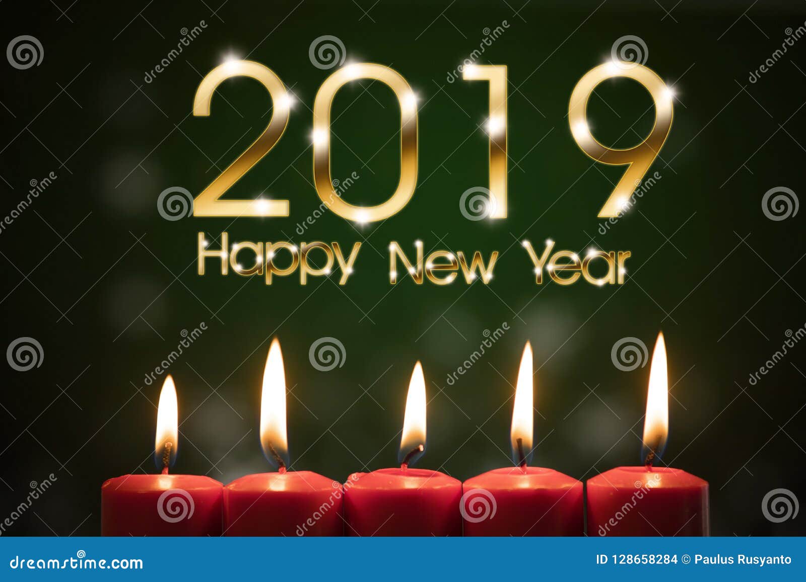 Five Candles with 2019 Happy New Year Text Stock Photo Image of