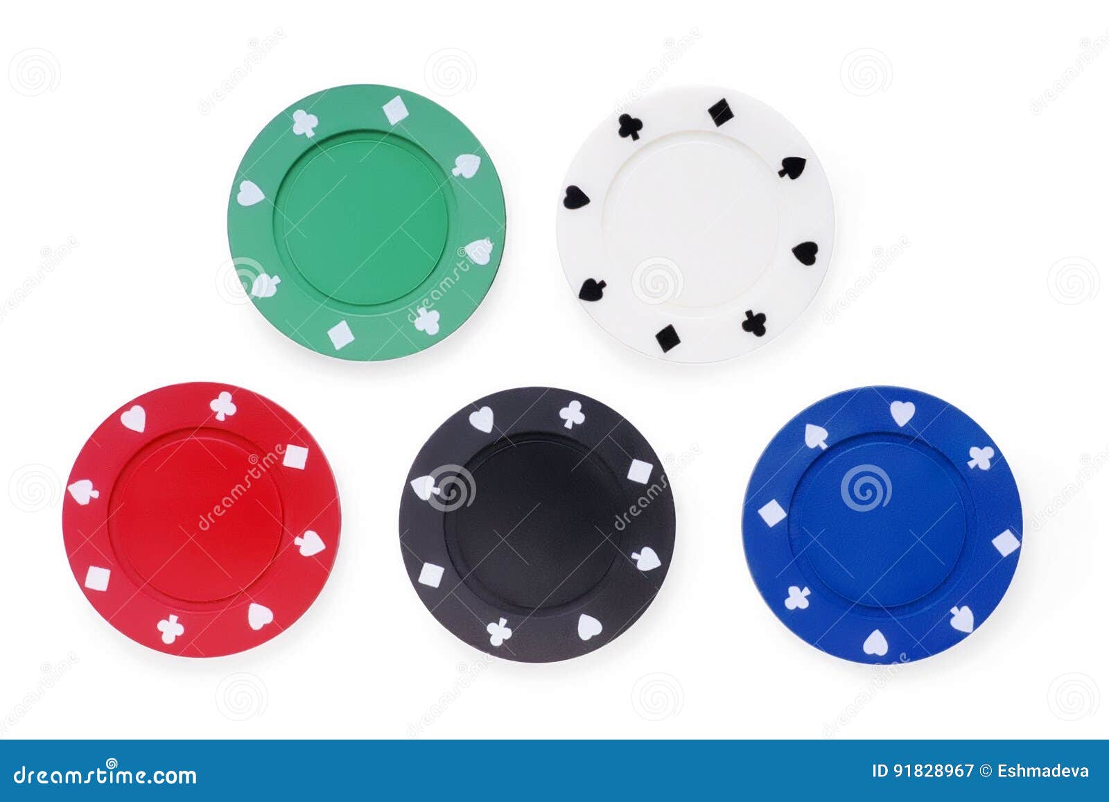 Five Colored Poker Chips Set. without Labels, Isolated on White Stock