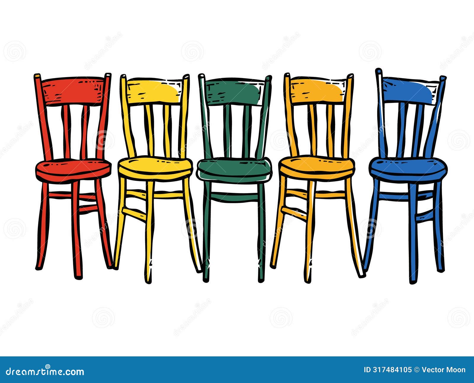 five colorful chairs, unique color seat backrest against white background. handdrawn style