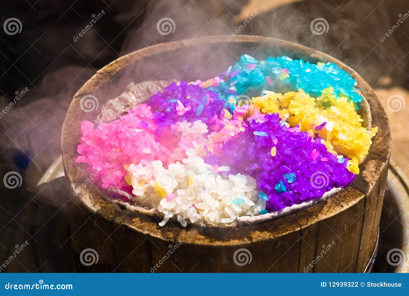 Fivecoloured Rice in Bamboo Steamer Stock Photo Image of duoyihe