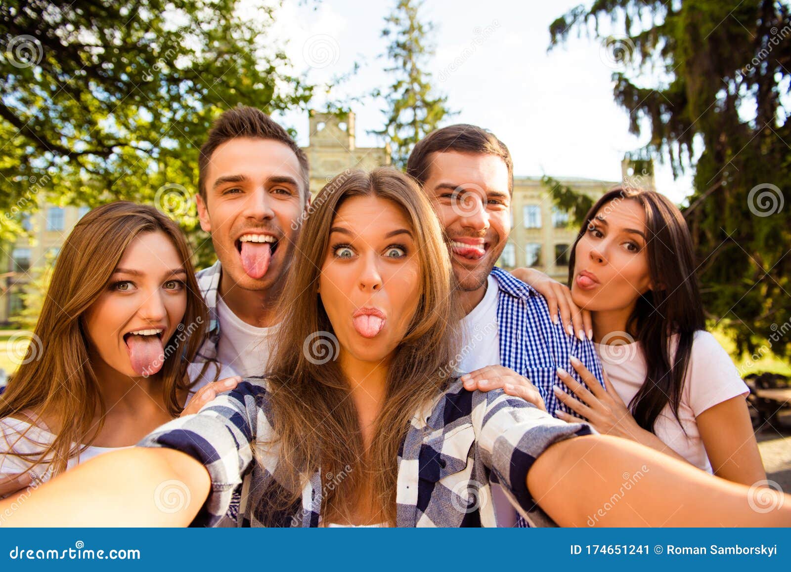 Five Crazy Best Friends Fooling Around and Making Selfie Photo ...