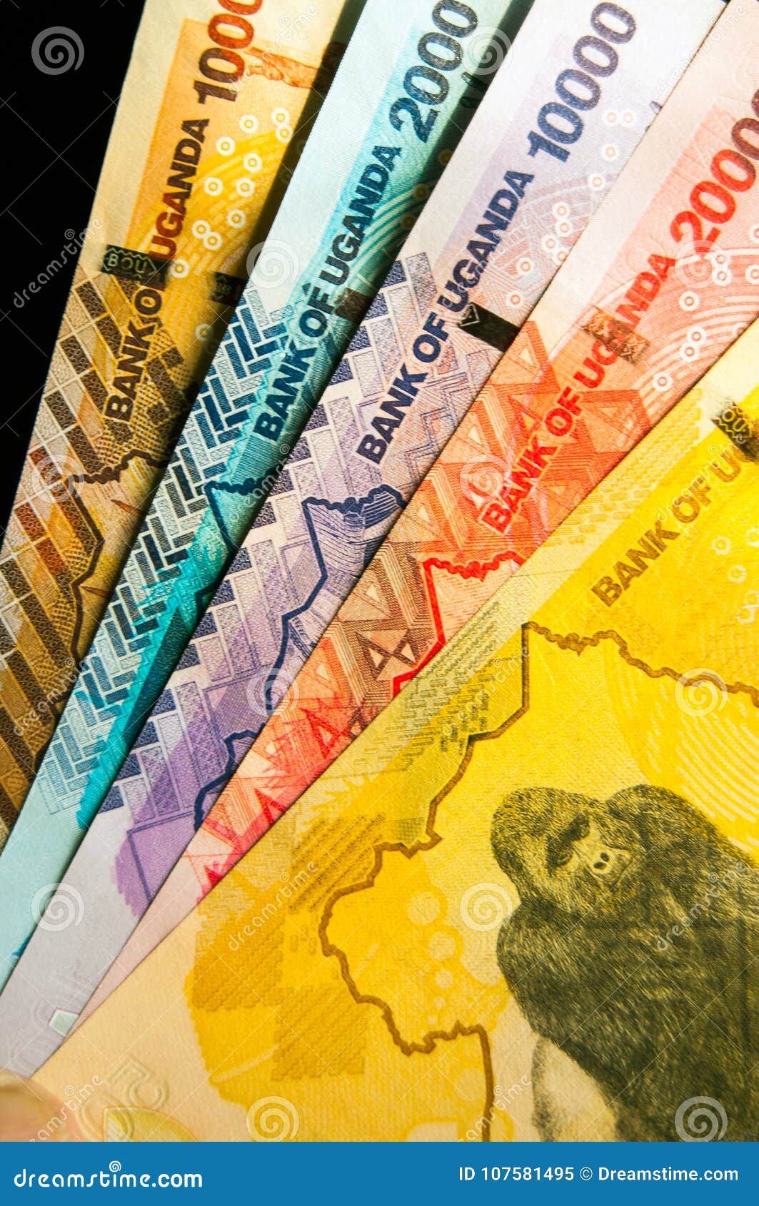 five ugandan monetary bank notes