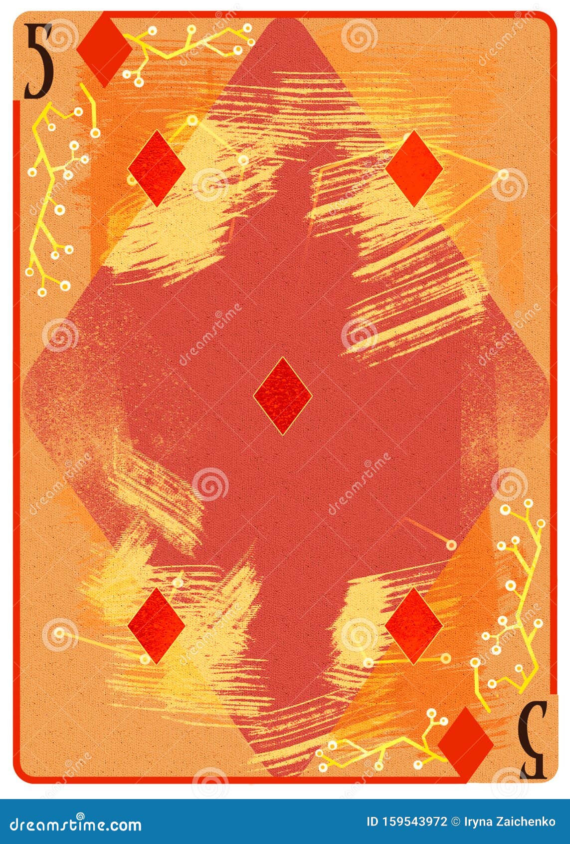 five of diamonds playing card. unique hand drawn pocker card. one of 52 cards in french card deck, english or anglo-american