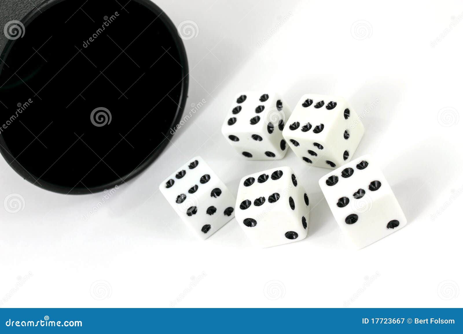 Five dice with cup stock image. Image of group, black 17723667
