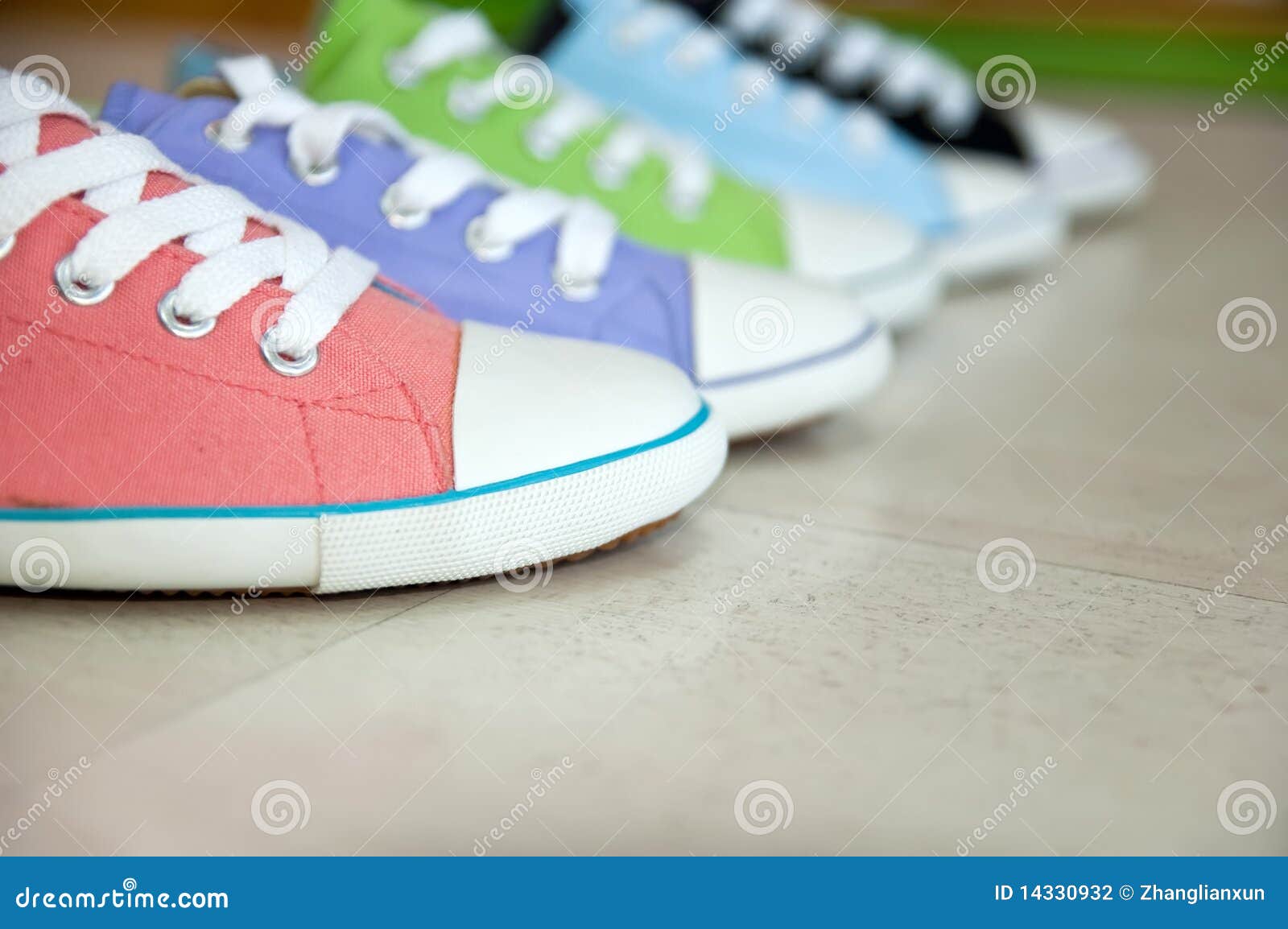 Five different color shoes stock photo. Image of
