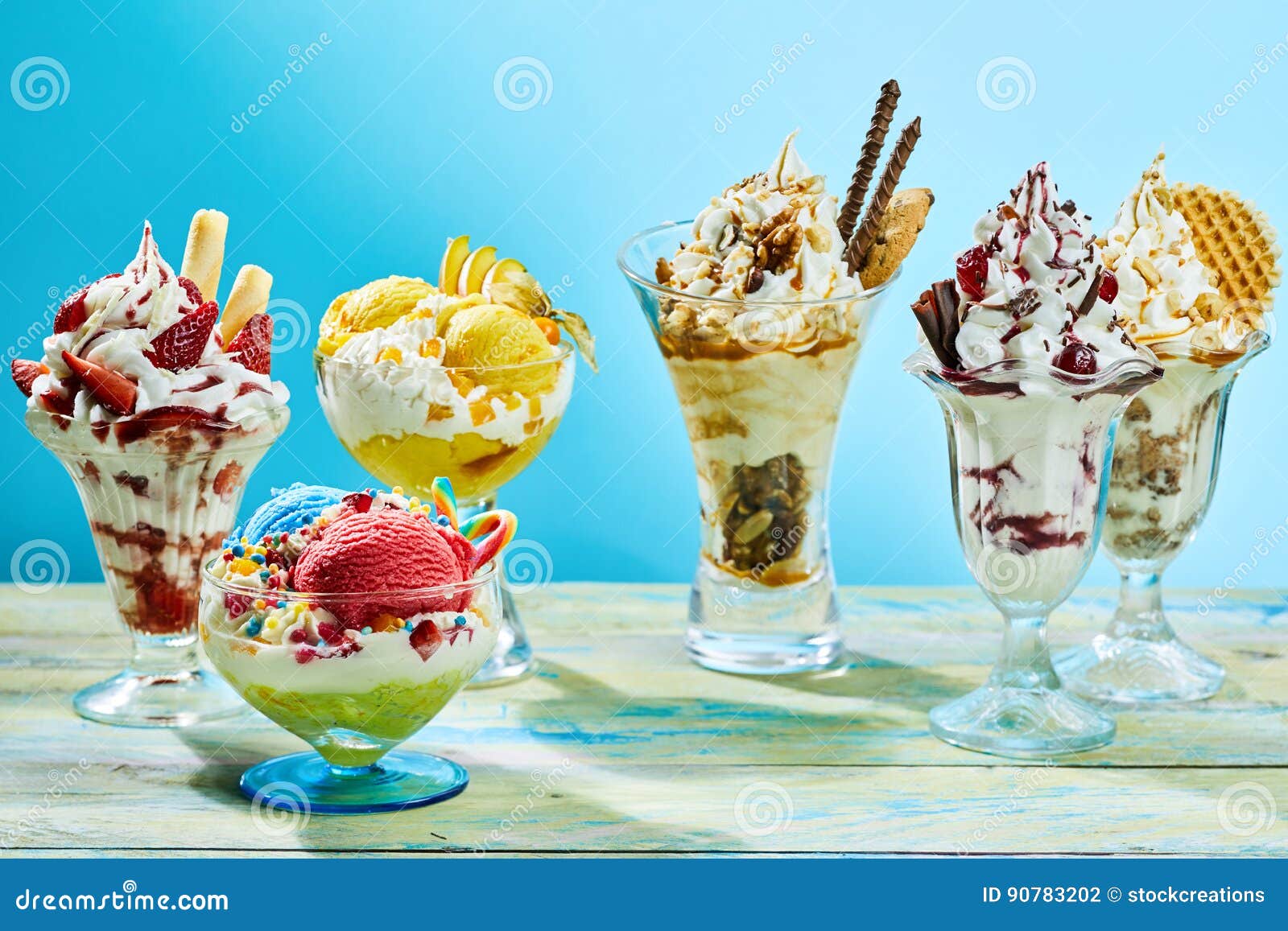 five different flavor ice cream sundaes